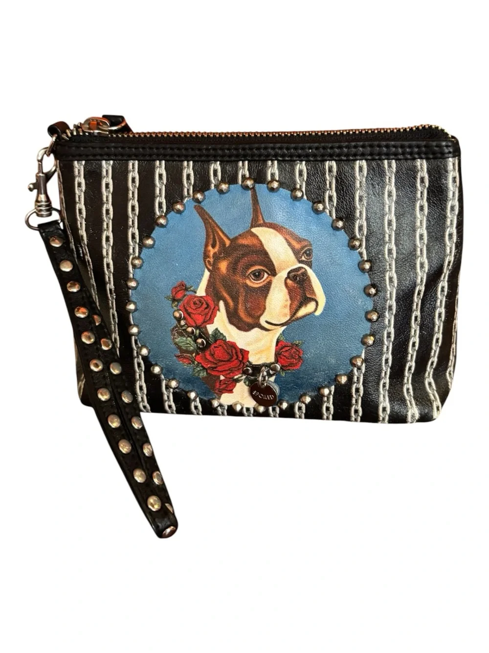 Isabella Fiore Black Studded Wristlet with Boston Terrier Floral Artwork